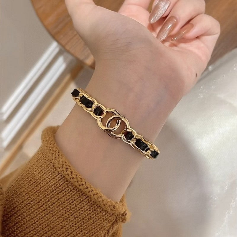 Chanel Black Leather Cuff 18K Gold Bracelet