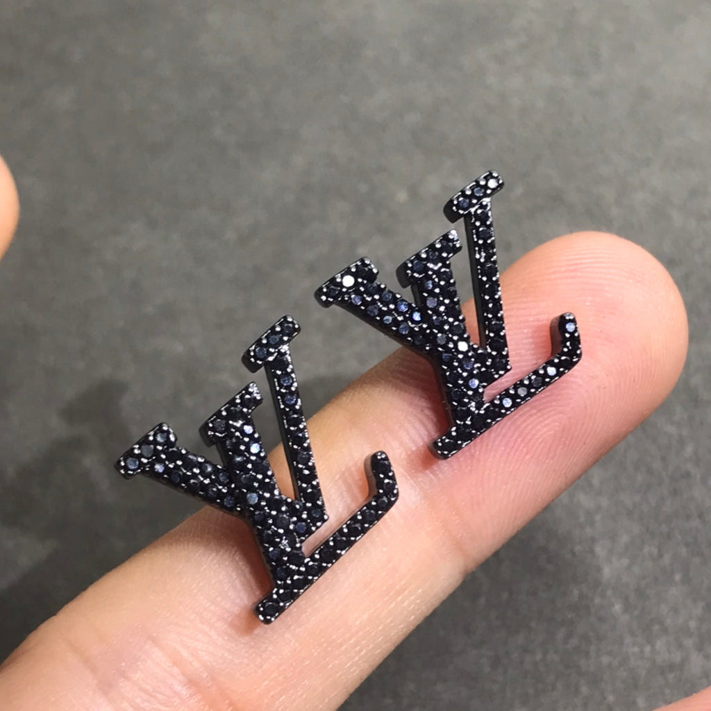 Louis Vuitton Iconic Black Crystal Stud 18K Gold Earrings
