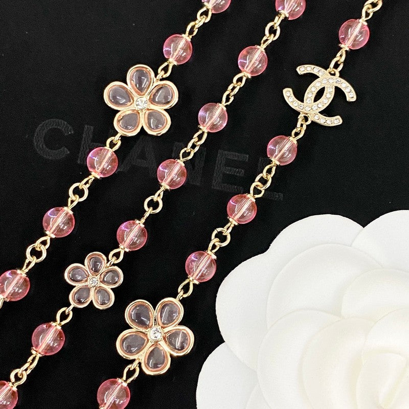 Chanel 26C Pink Crystal Long 18K Gold Necklace