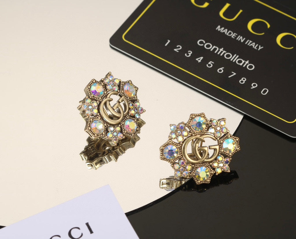 Gucci Double Blue Flowers 18K Gold Earrings