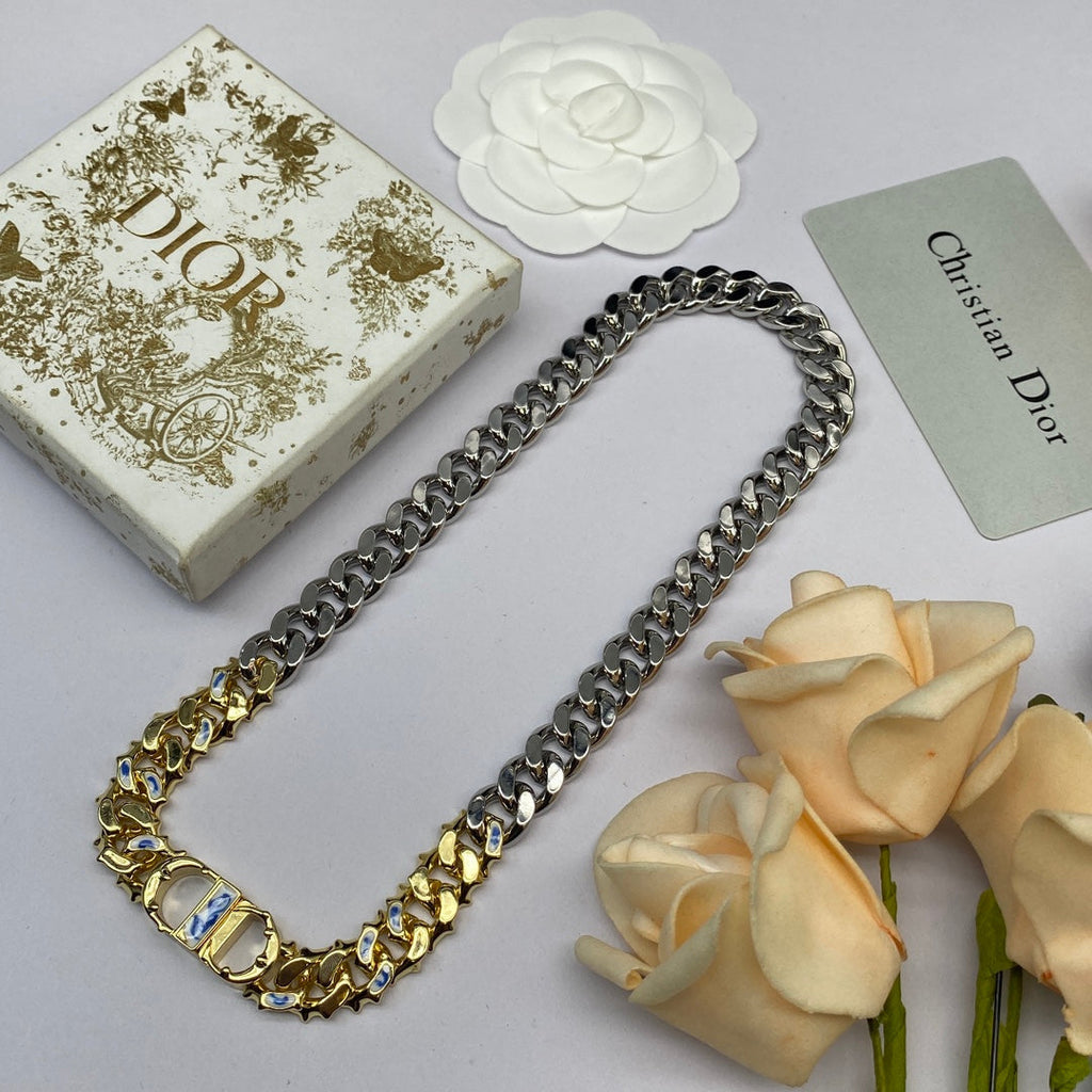 Dior Icon Chain Blue White Resin 18K Gold Necklace