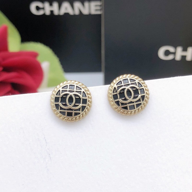 Chanel Black & Gold Round 18K Gold Earrings