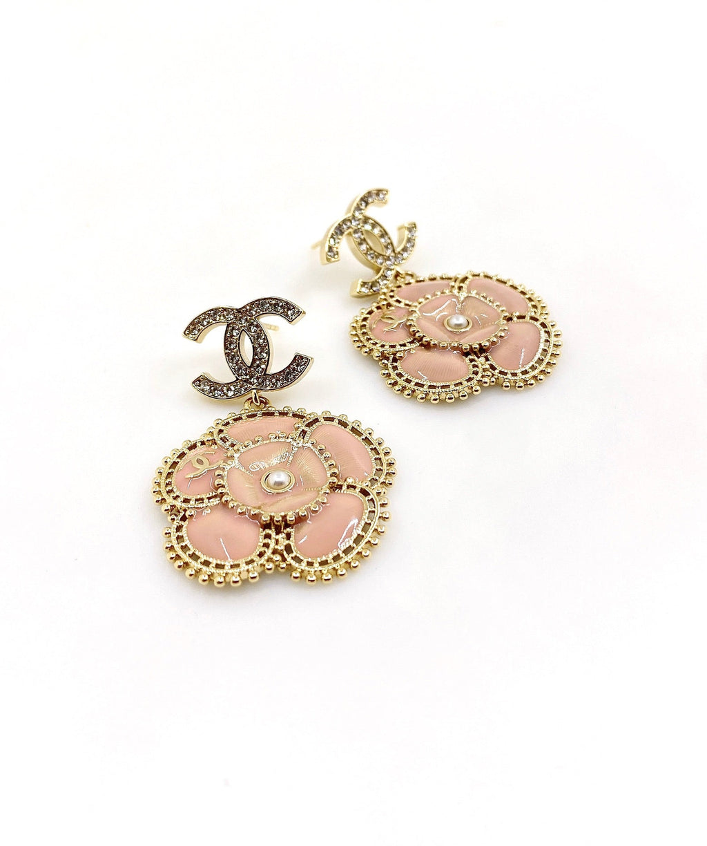 Chanel Pink Flower 18K Gold Earrings
