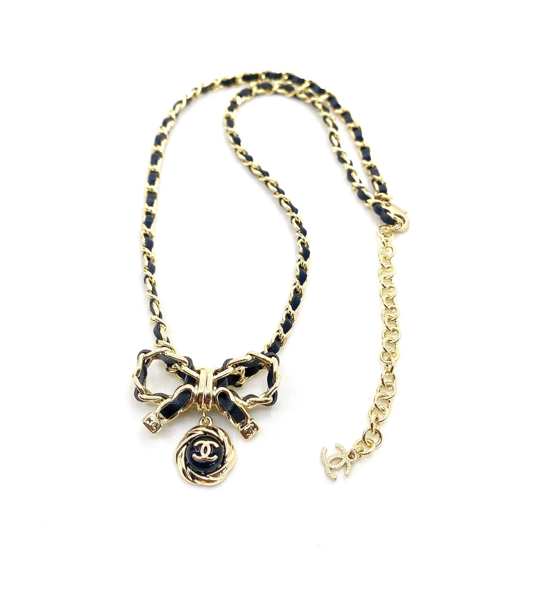 Chanel Rhinestone Bow Tie 18K Gold Necklace