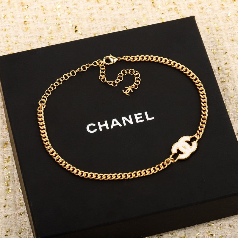 Chanel White Logo Choker 18K Gold Necklace