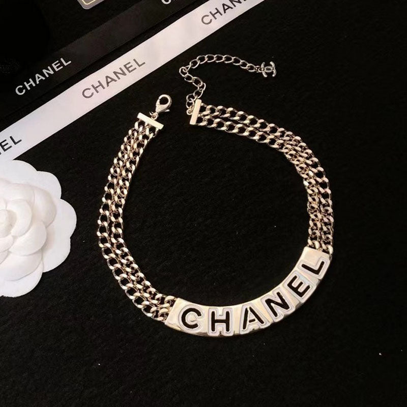 Chanel White Logo Choker 18K Gold Necklace
