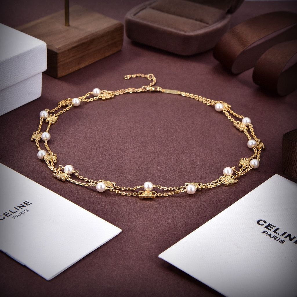 Celine Pearl Double 18K Gold Necklace