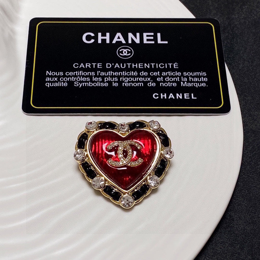Chanel Red Crystal Heart 18K Gold Brooch