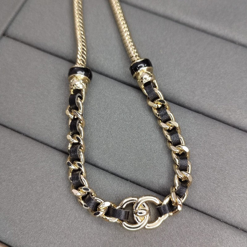 Chanel Black Leather Gold Chain 18K Gold Necklace