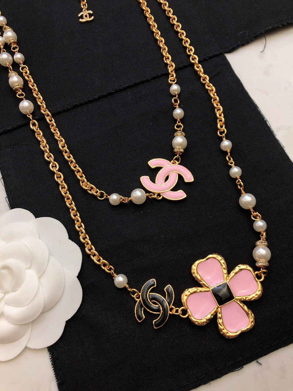 Chanel Pink Flowers 18K Gold Necklace