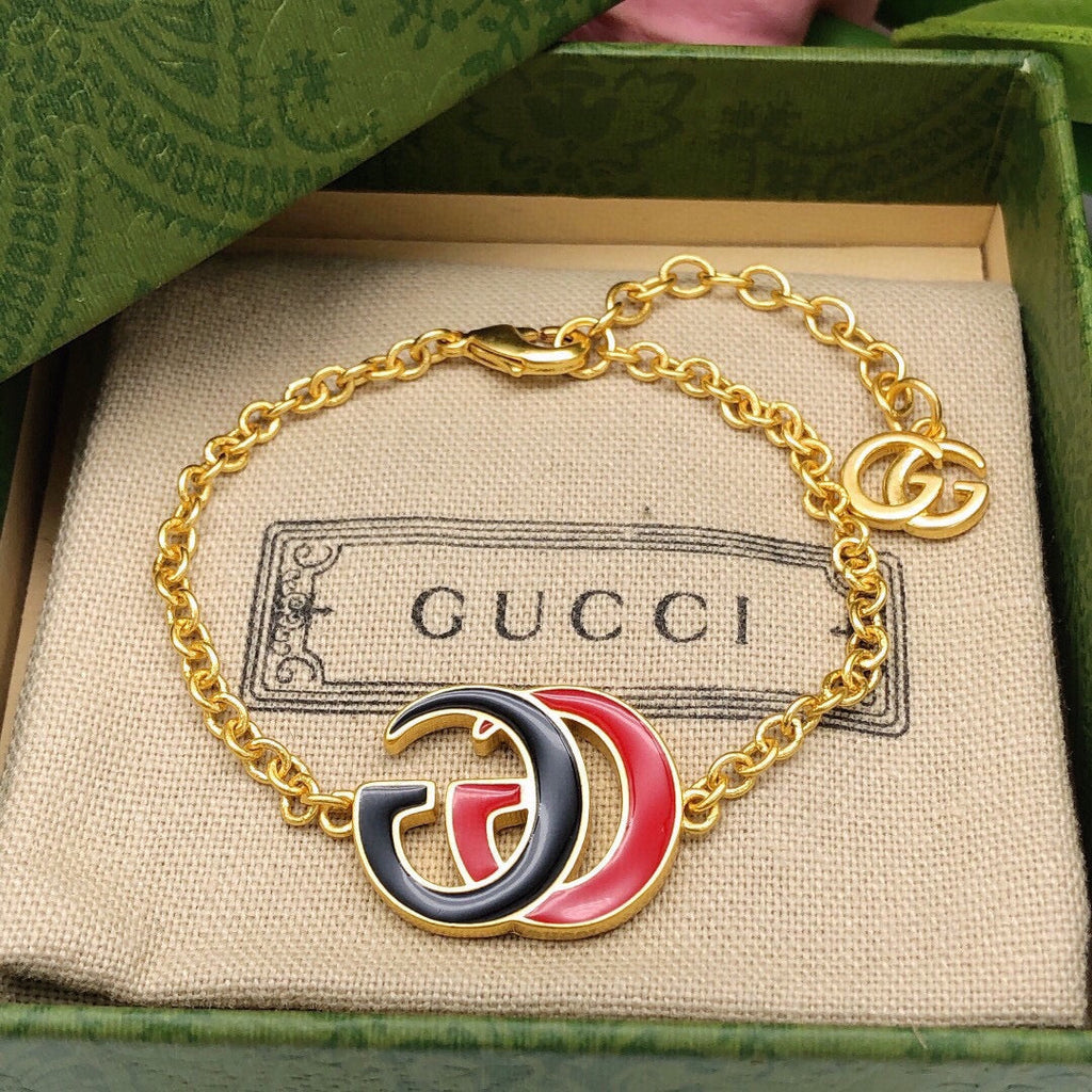 Gucci Double Pink & Black Logo 18K Gold Bracelet