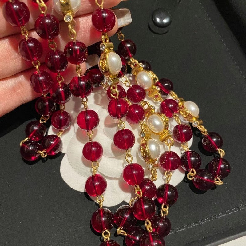 Chanel Long Red & White Pearls 18K Gold Necklace