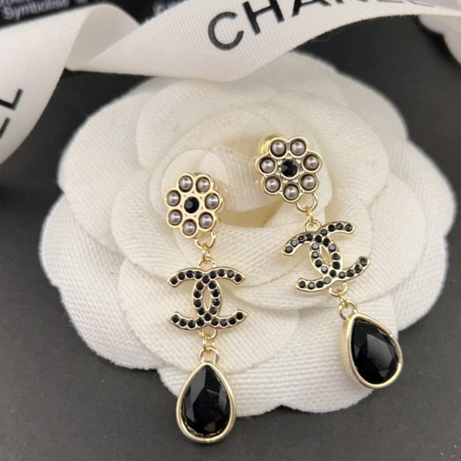 Chanel Black Crystals 18K Gold Earrings