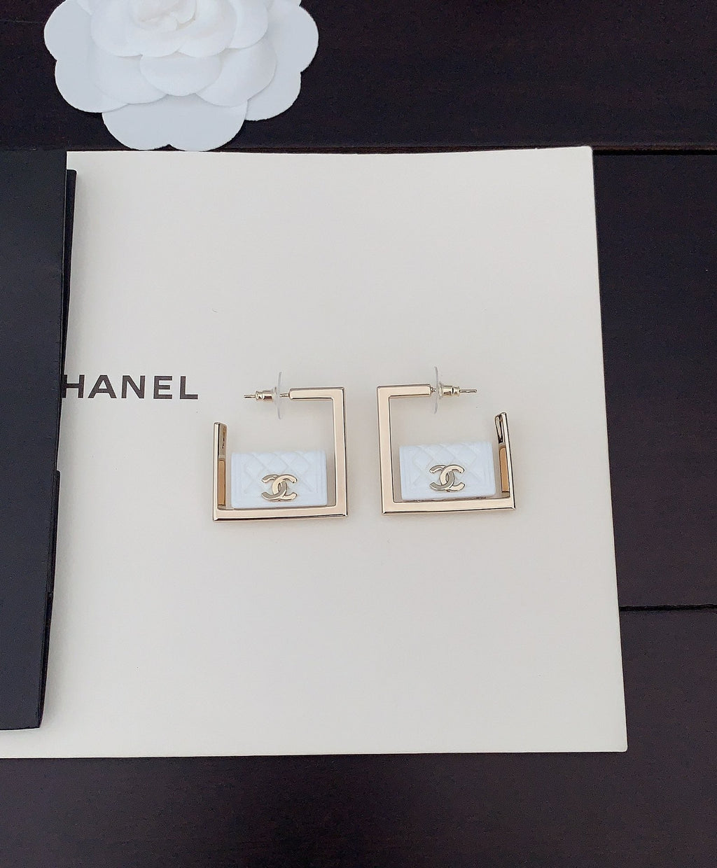 Chanel White Bag Pendant 18K Gold Earrings