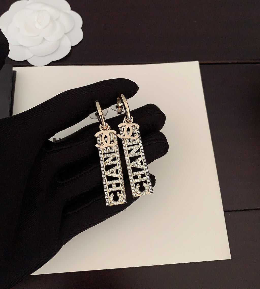 Chanel Crystals Long Letter 18K Gold Earrings