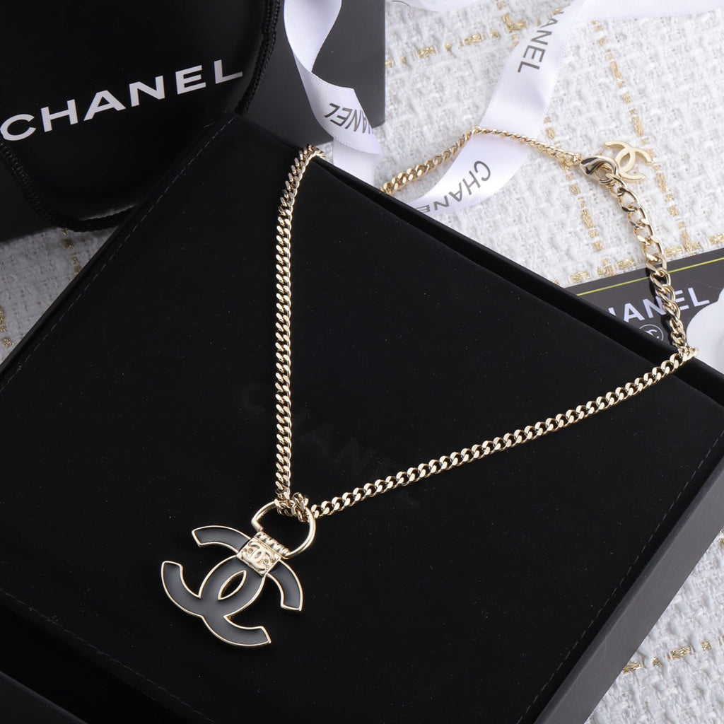 Chanel Black Resin Logo 18K Gold Necklace