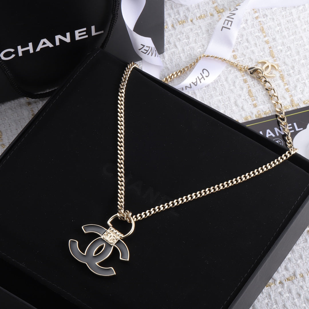 Chanel Black Resin Logo 18K Gold Necklace