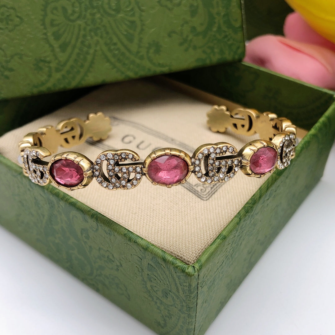 Gucci Double Red Crystals Open Cuff 18K Gold Bracelet