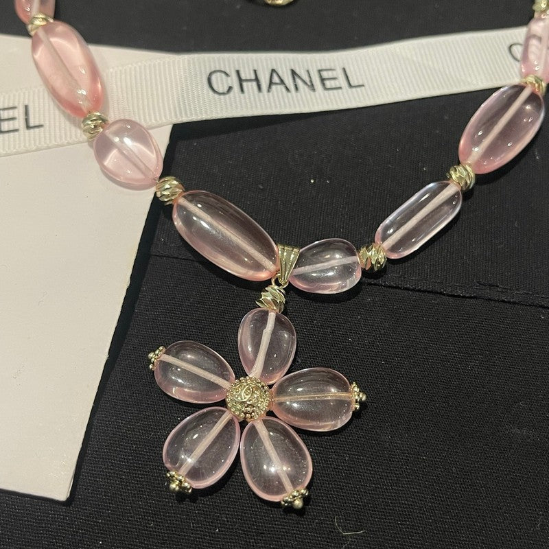 Chanel 26C Pink Crystal Flower 18K Gold Necklace