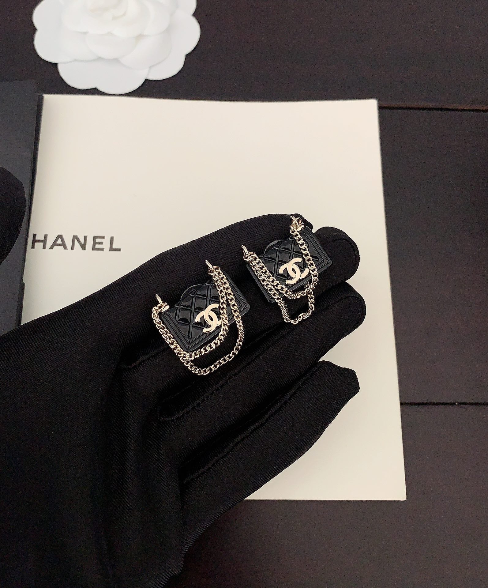 Chanel Black Bag Pendant 18K Gold Earrings