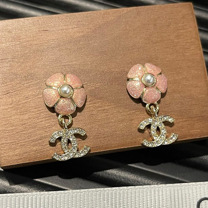 Chanel 26C Pink Camellia Diamond 18K Gold Earrings