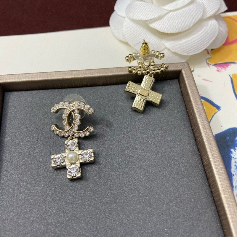 Chanel Cross Pearl & Diamond 18K Gold Earrings