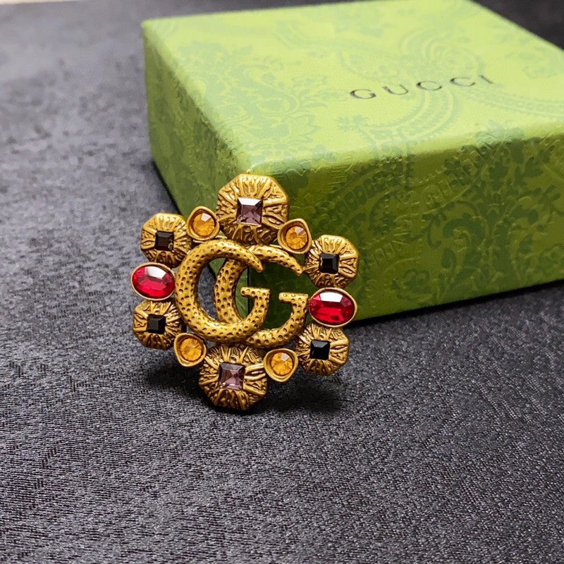 Gucci Double Flower Crystal 18K Gold Brooch