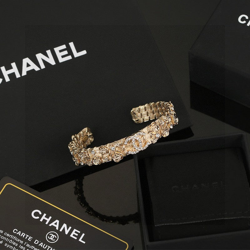 Chanel Flower Diamond Cuff 18K Gold Bracelet