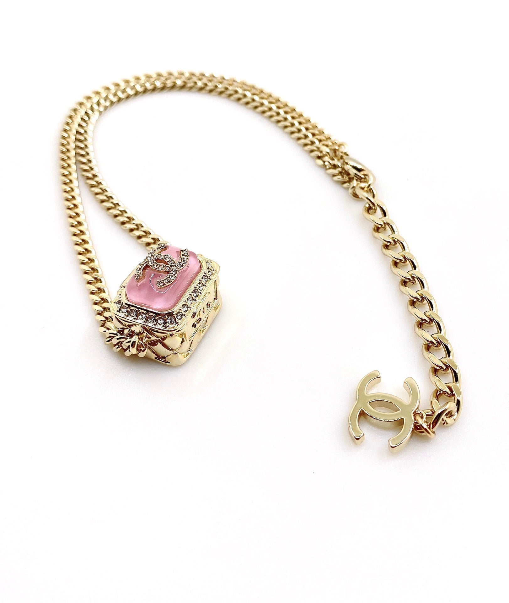 Chanel Pink Resin Chain 18K Gold Necklace