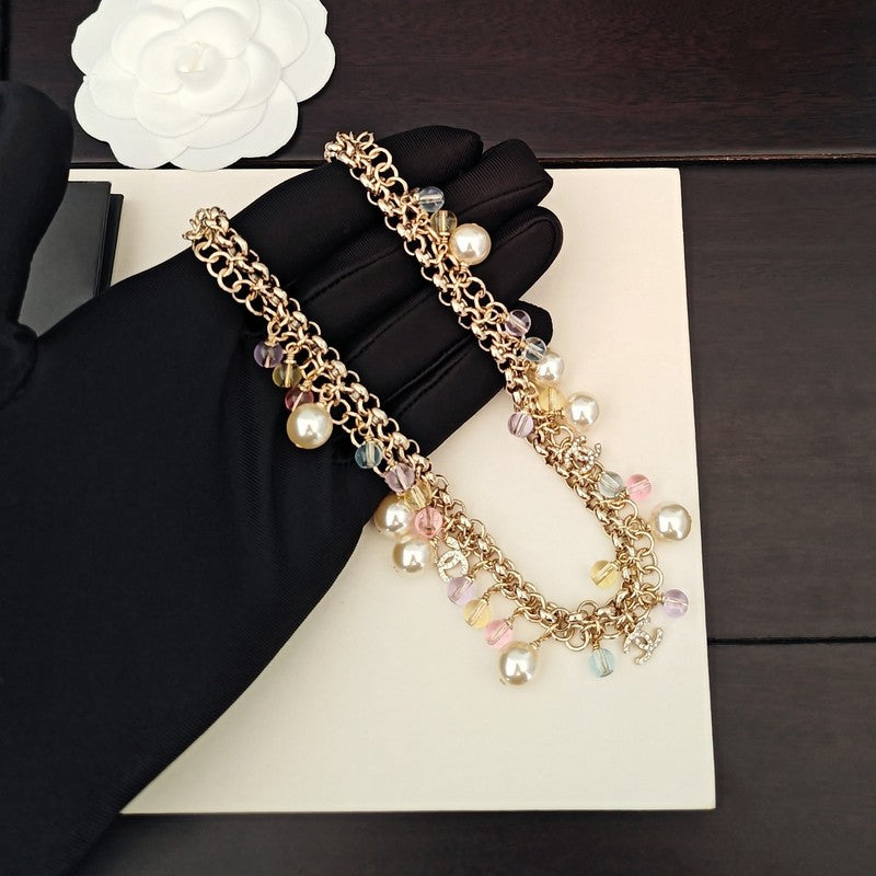 Chanel Pink Crystal Chain Links 18K Gold Necklace