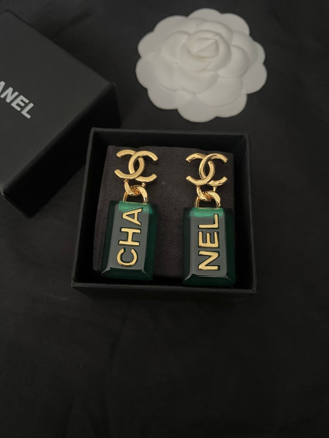 Chanel Green Perfume Bottle 18K Gold Earrings