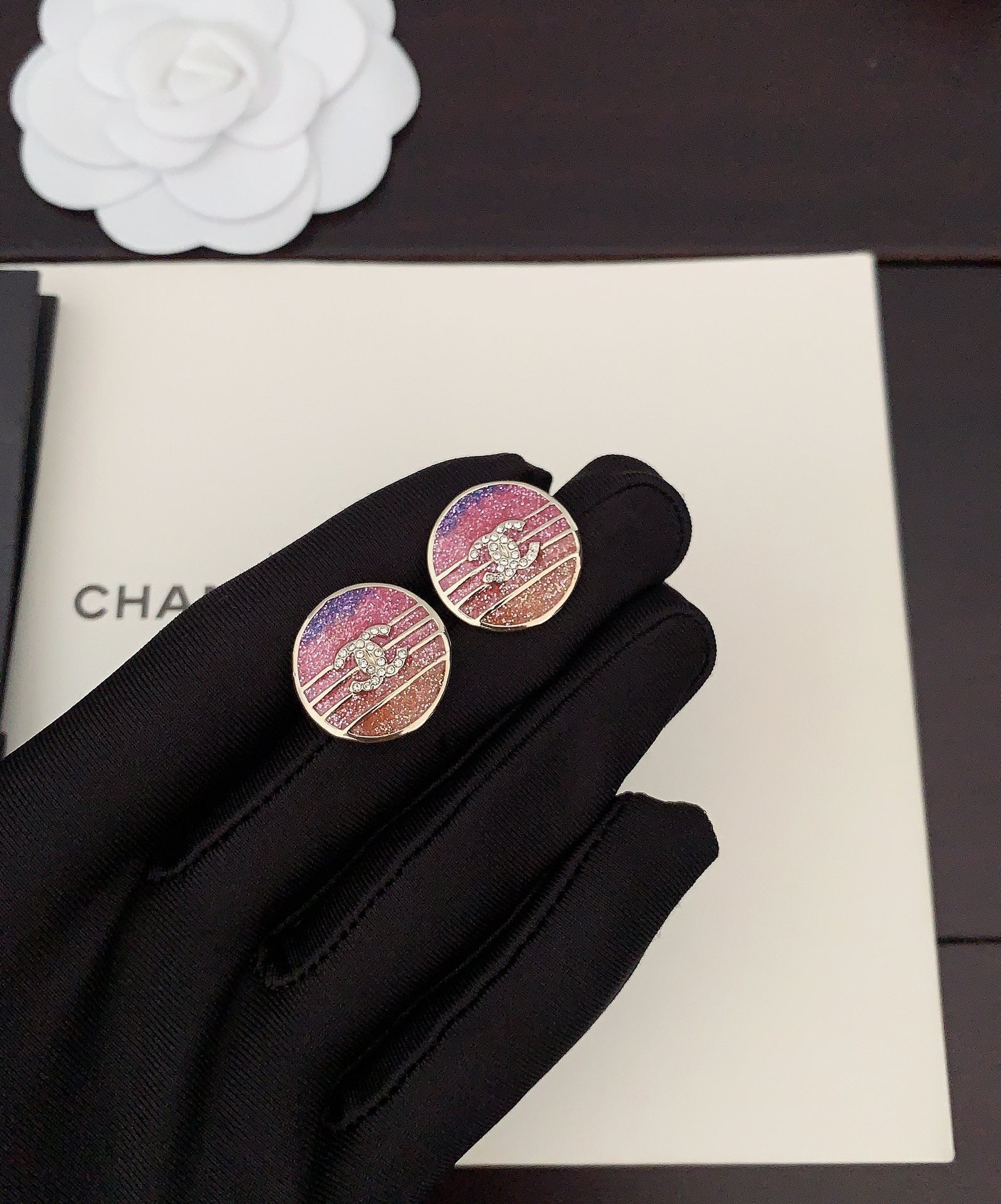 Chanel Pink Crystals 18K Gold Earrings