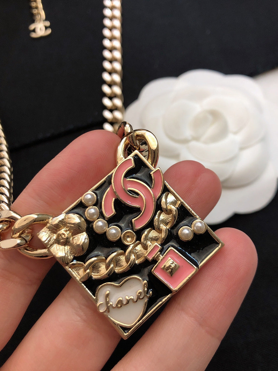 Chanel Pink Logo Chain 18K Gold Necklace