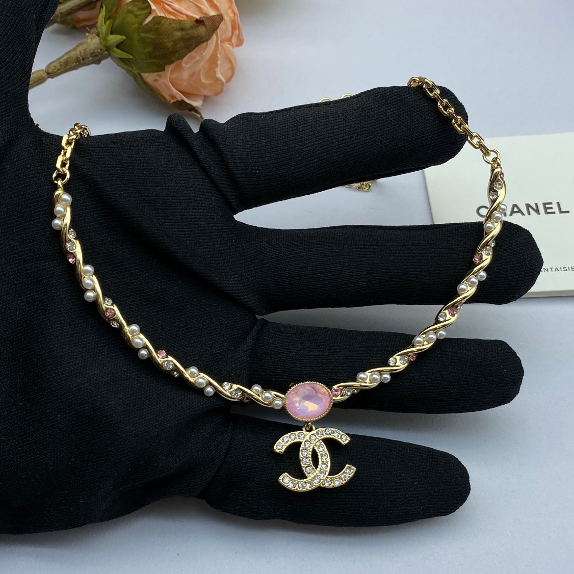 Chanel Pink Crystal 18K Gold Necklace