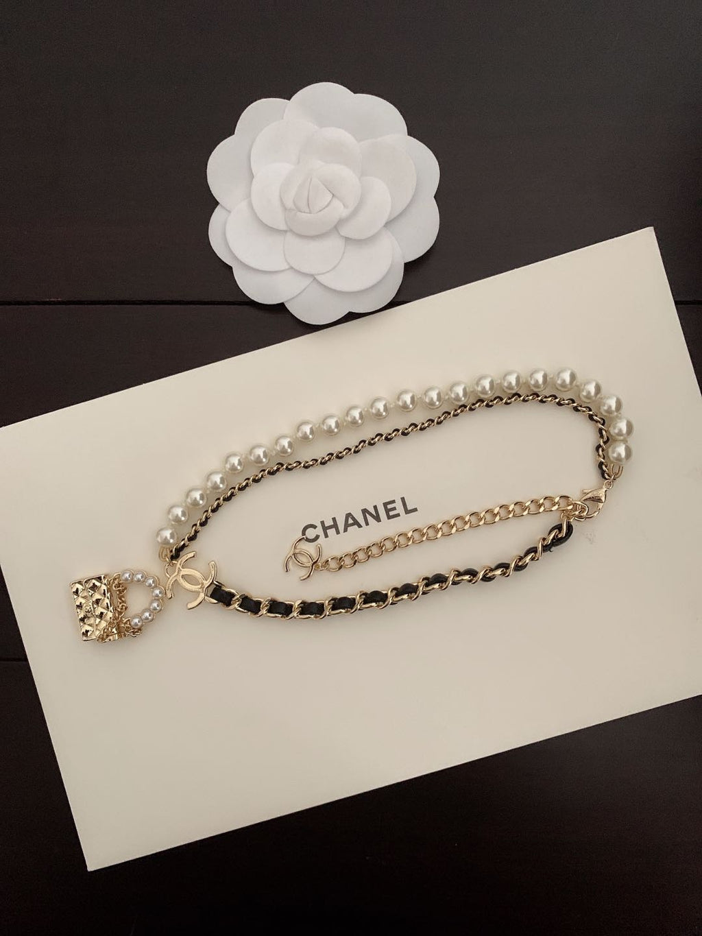 Chanel Pearl Leather Bag Pendant 18K Gold Necklace
