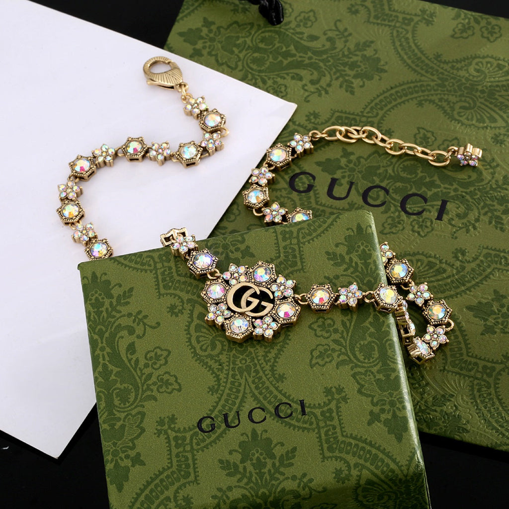 Gucci Double Crystals Chain Choker 18K Gold Necklace