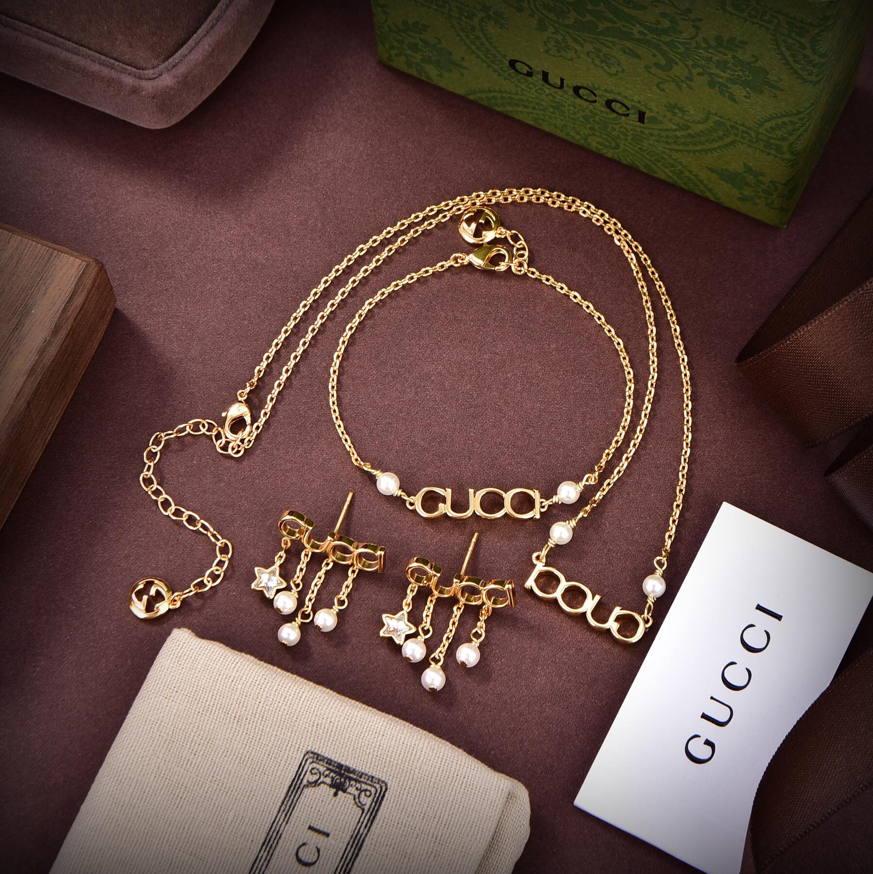 Gucci Double Script Pearl 18K Gold Earrings