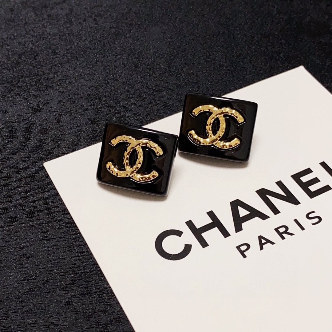 Chanel Black Resin Square 18K Gold Earrings