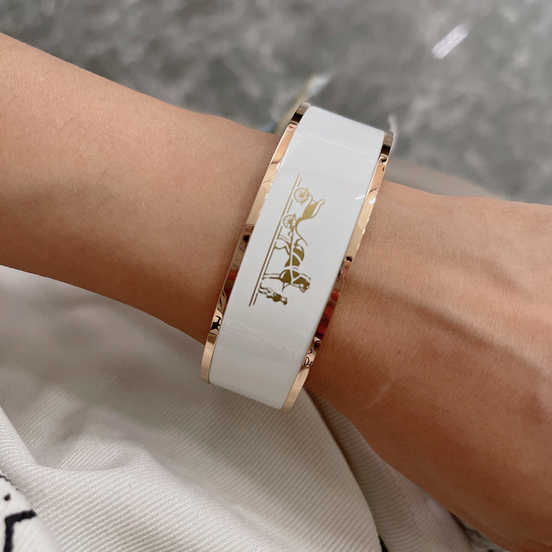 Hermes Enamel Cal ̈ ̈che Wide Bangle 18K Gold Bracelet