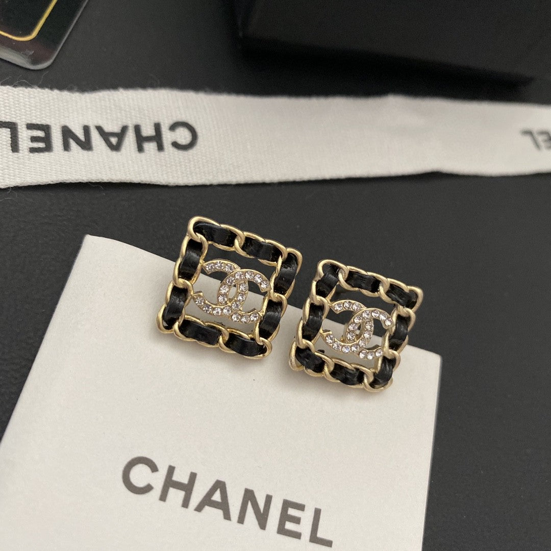 Chanel Square Leather 18K Gold Earrings