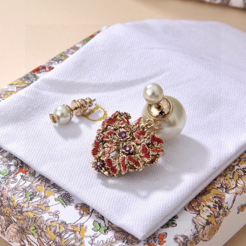 Dior Tribales Red Flower Heart Faux Pearl 18K Gold Earrings