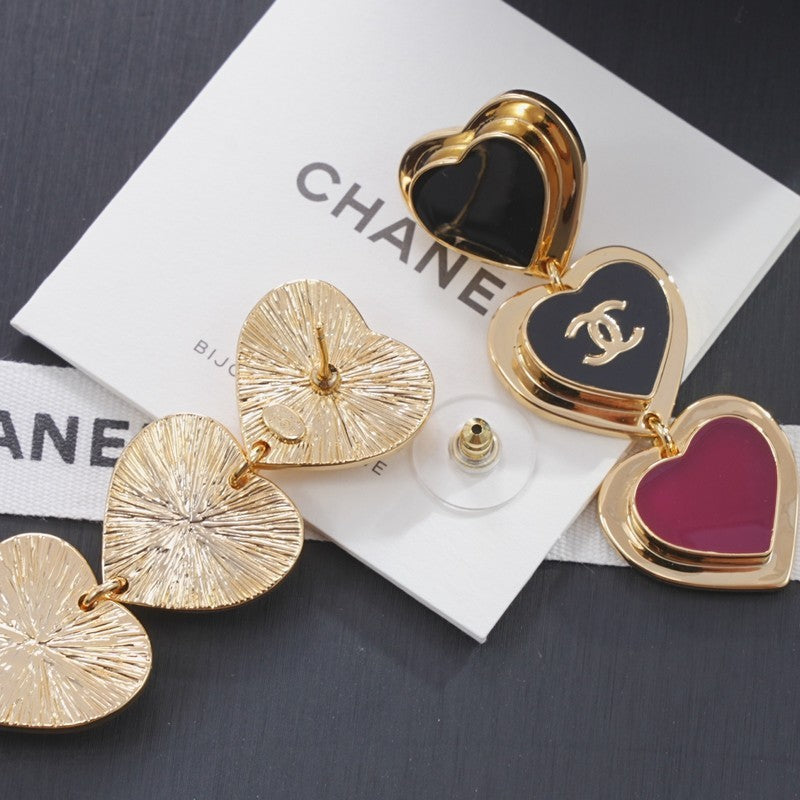 Chanel Black & Red Heart Gold Long 18K Gold Earrings