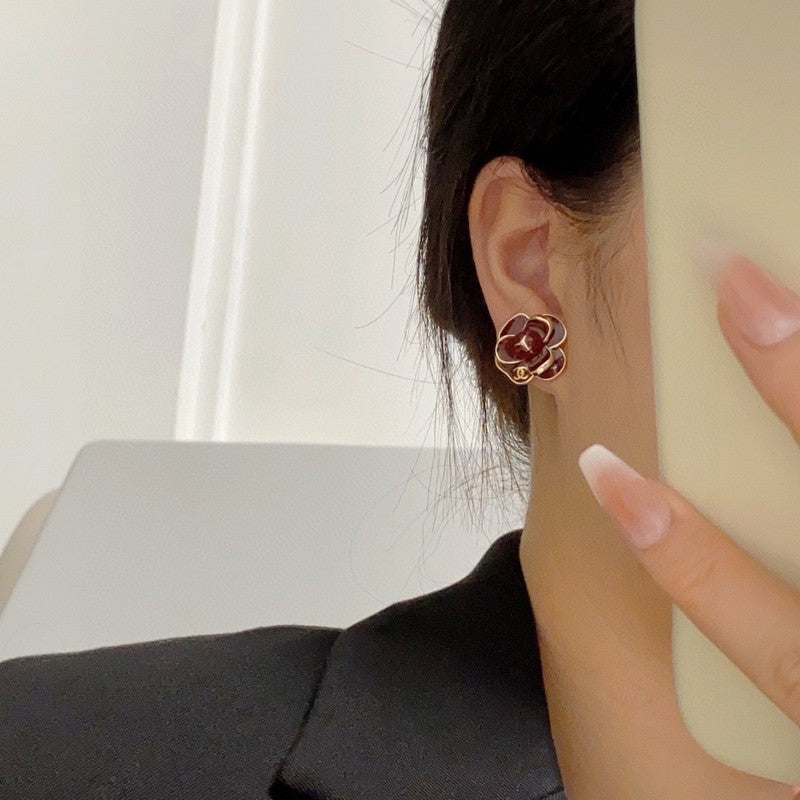 Chanel Red & Pink Camellia 18K Gold Earrings