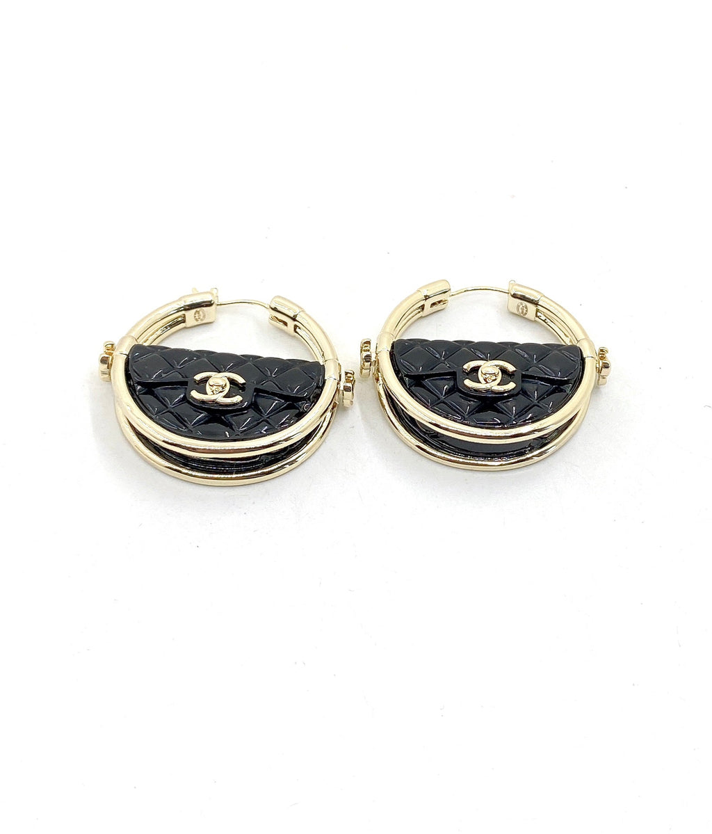 Chanel Black Bag 18K Gold Earrings