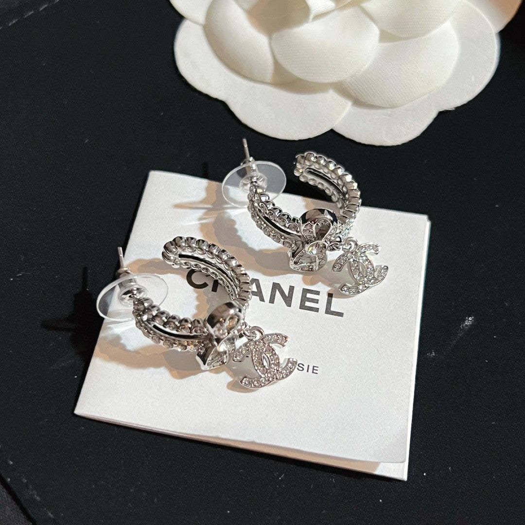 Chanel Diamond Pendant 18K Gold Earrings