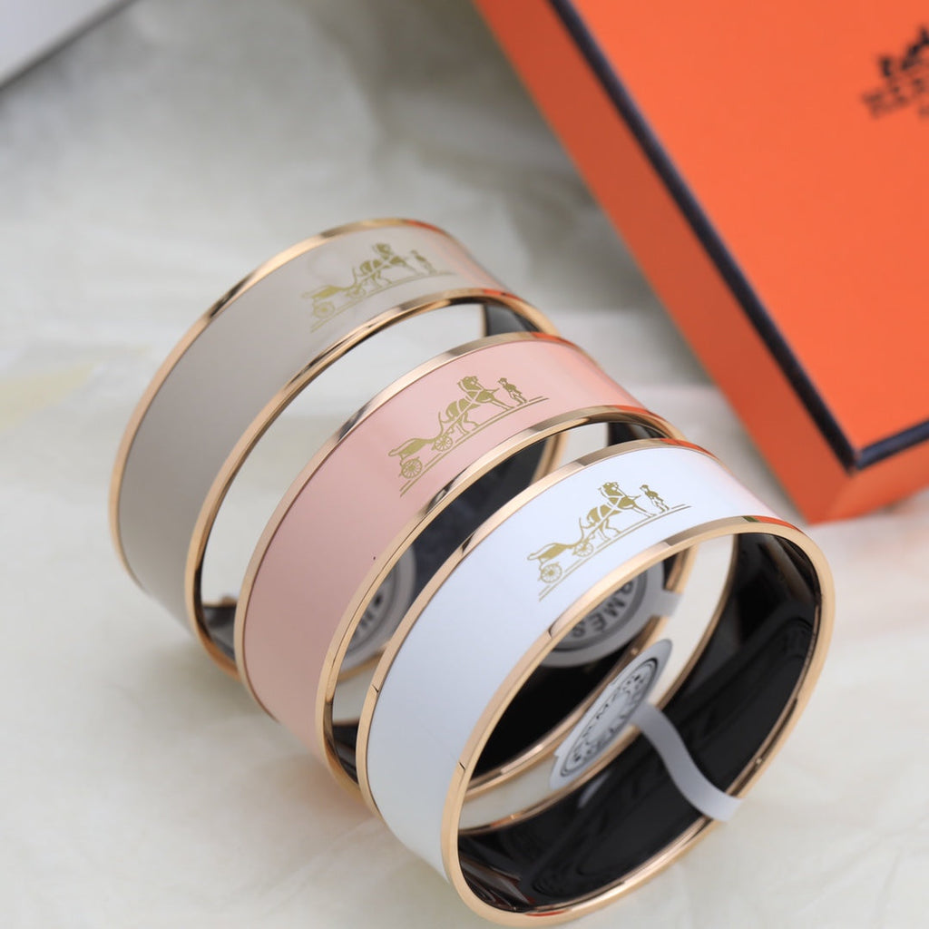 Hermes Enamel Cal ̈ ̈che Wide Bangle 18K Gold Bracelet