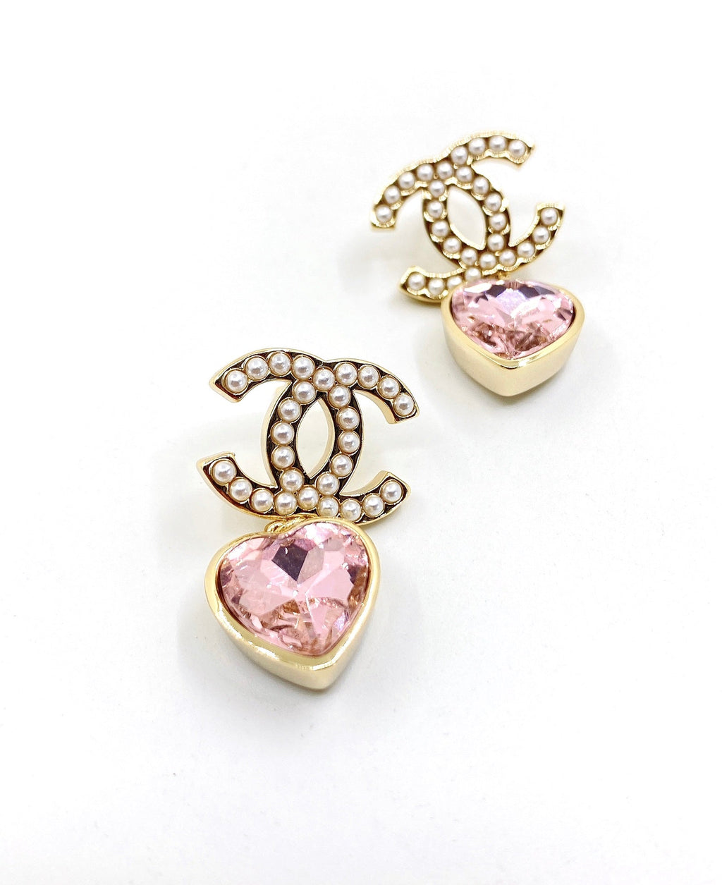 Chanel Pink Heart Crystal 18K Gold Earrings