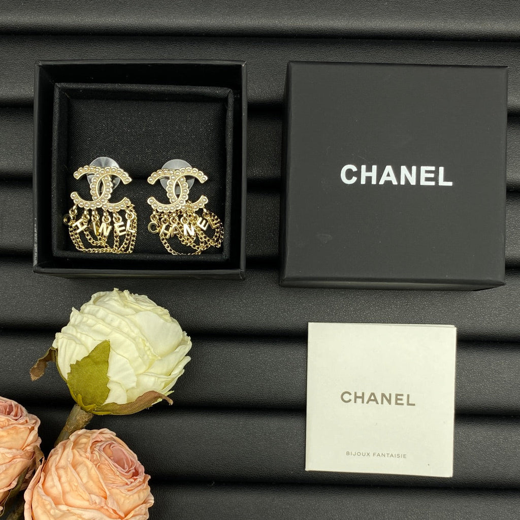 Chanel Pearl Chain Link 18K Gold Earrings