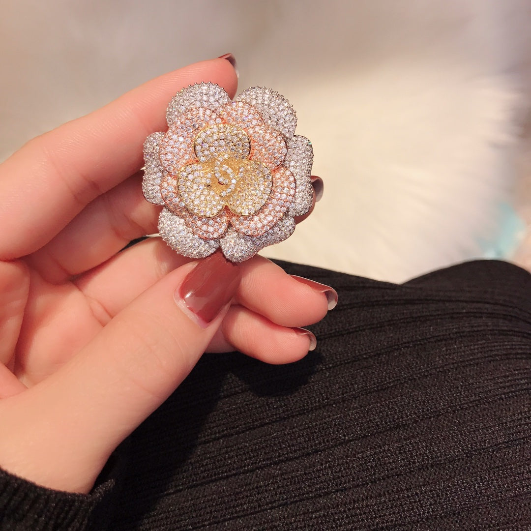 Chanel Pink Flower Diamond 18K Gold Brooch