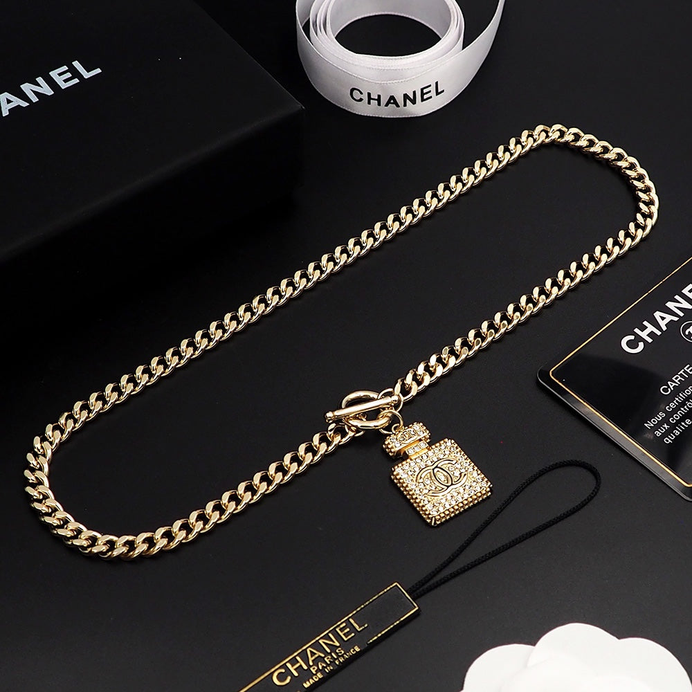 Chanel Diamond Perfume Bottle Pendant 18K Gold Necklace